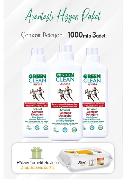 Sports Çamaşır Deterjanı 1000 ml x 3 Adet Arap Sabunlu Temizlik Havlusu
