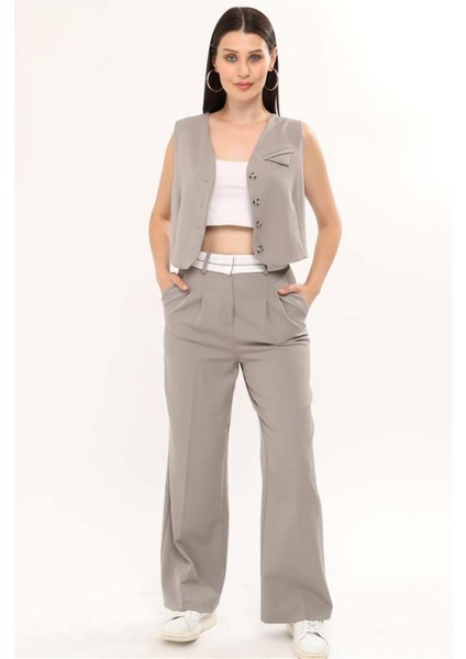 Kadın Ters Kemerli Yelekli Palazzo Takım Pantalon - Gri