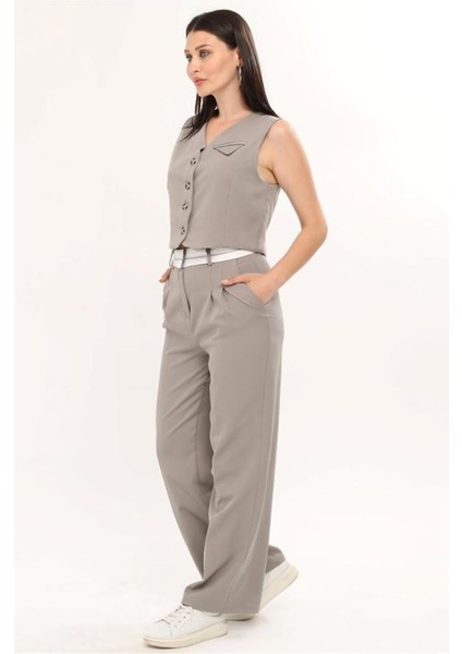 Kadın Ters Kemerli Yelekli Palazzo Takım Pantalon - Gri