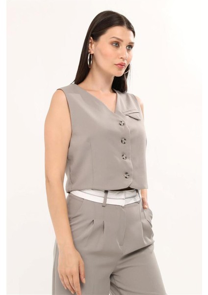 Kadın Ters Kemerli Yelekli Palazzo Takım Pantalon - Gri