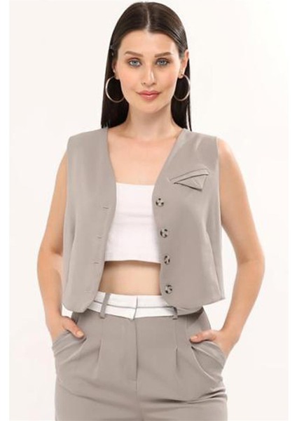 Kadın Ters Kemerli Yelekli Palazzo Takım Pantalon - Gri