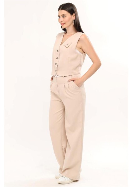 Kadın Ters Kemerli Yelekli Palazzo Takım Pantalon - Bej
