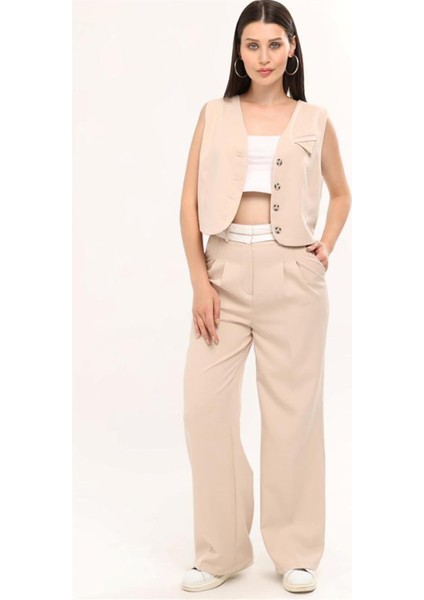 Kadın Ters Kemerli Yelekli Palazzo Takım Pantalon - Bej