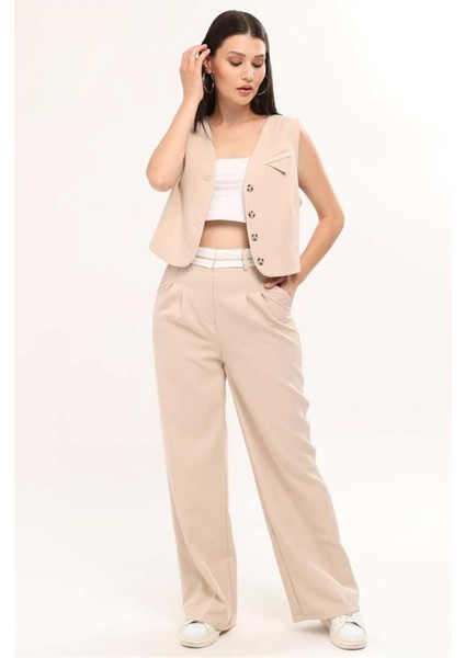 Kadın Ters Kemerli Yelekli Palazzo Takım Pantalon - Bej