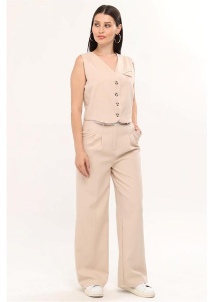Kadın Ters Kemerli Yelekli Palazzo Takım Pantalon - Bej