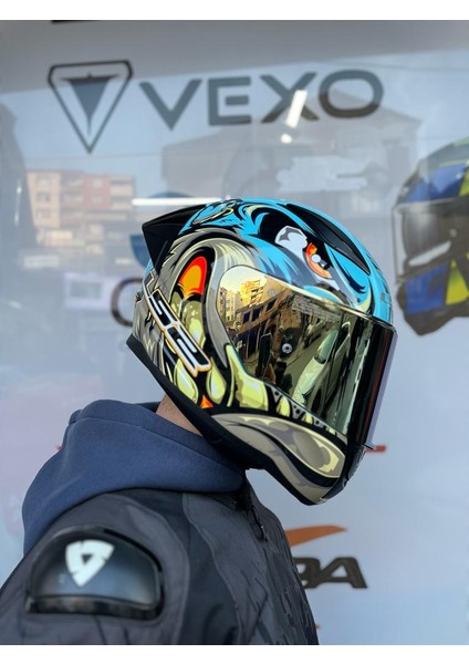 Rapıd 2 Neo Mavi-Mor Kask Spoiler + Gold Vizör