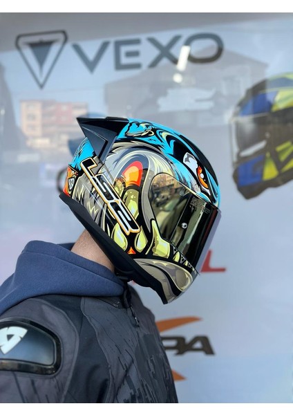 Rapıd 2 Neo Mavi-Mor Kask Spoiler + Gold Vizör