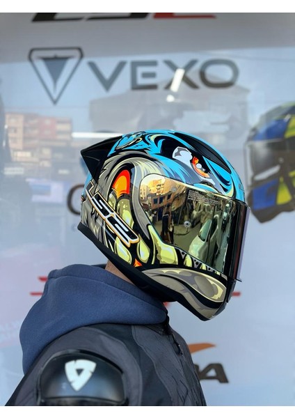 Rapıd 2 Neo Mavi-Mor Kask Spoiler + Gold Vizör