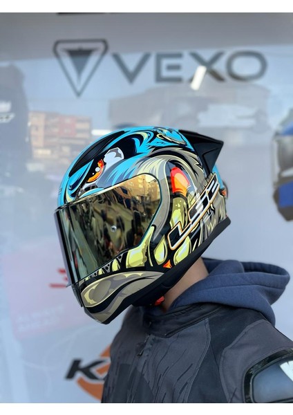 Rapıd 2 Neo Mavi-Mor Kask Spoiler + Gold Vizör
