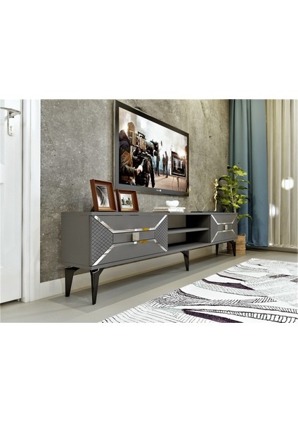 Yummedi Tv Ünitesi 2 Raflı, 2 Kapaklı Antrasit-Gümüş