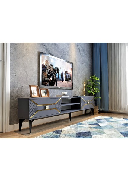 Yummedi Tv Ünitesi 2 Raflı, 2 Kapaklı Antrasit-Altın