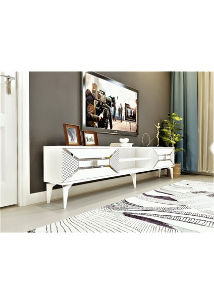 Yummedi Tv Ünitesi 2 Raflı, 2 Kapaklı Beyaz-Gümüş