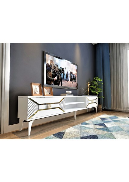 Yummedi Tv Ünitesi 2 Raflı, 2 Kapaklı Beyaz-Altın