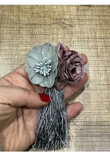 12X7 cm Iki Renk Çiçekli Püsküllü Broş Yaka Iğnesi Türban Iğnesi