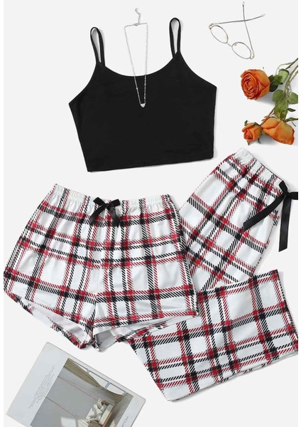 Kadın Baskılı Ultrasoft Askılı Pijama Takımı 3'lü Paket Şortlu Desenli