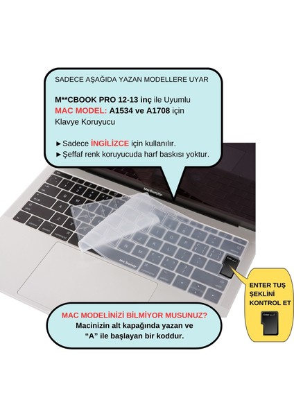 Laptop Macbook Pro Klavye Kılıf UK(EU) İngilizce Baskılı A1534 A1708 ile Uyumlu