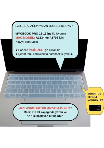 Laptop Macbook Pro Klavye Kılıf US(ABD) İngilizce Baskılı A1534 A1708 ile Uyumlu