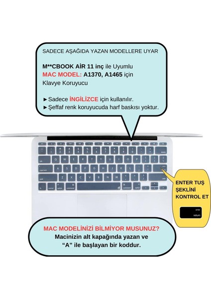 Macbook Air 11inç Klavye Koruyucu (US-İNGİLİZCE) A1370 A1465 Modelleri ile Uyumlu