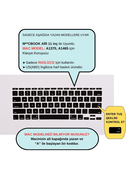 Macbook Air 11inç Klavye Koruyucu (US-İNGİLİZCE) A1370 A1465 Modelleri ile Uyumlu
