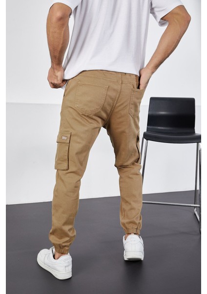 Erkek Camel Paçası Lastikli Jogger Kargo Cep Pantolon