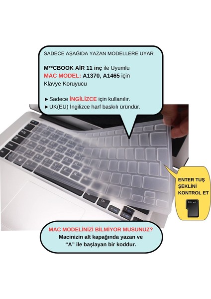 Macbook Air 11inç Klavye Koruyucu (UK-İNGİLİZCE) A1370 A1465 Modelleri ile Uyumlu fiyatları