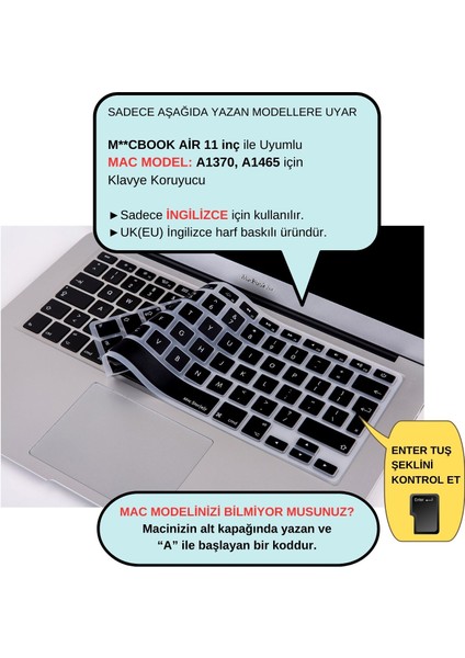 Macbook Air 11inç Klavye Koruyucu (UK-İNGİLİZCE) A1370 A1465 Modelleri ile Uyumlu