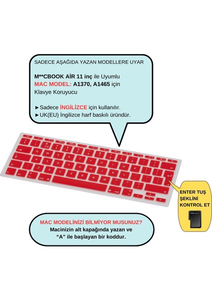 Macbook Air 11inç Klavye Koruyucu (UK-İNGİLİZCE) A1370 A1465 Modelleri ile Uyumlu