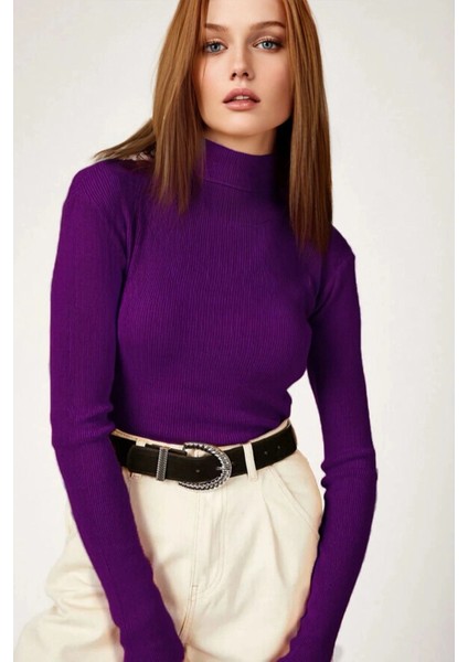 Kadın Mor Boğazlı Fitilli Triko Balıkçı Yaka Kazak HZL22W-BD1445001