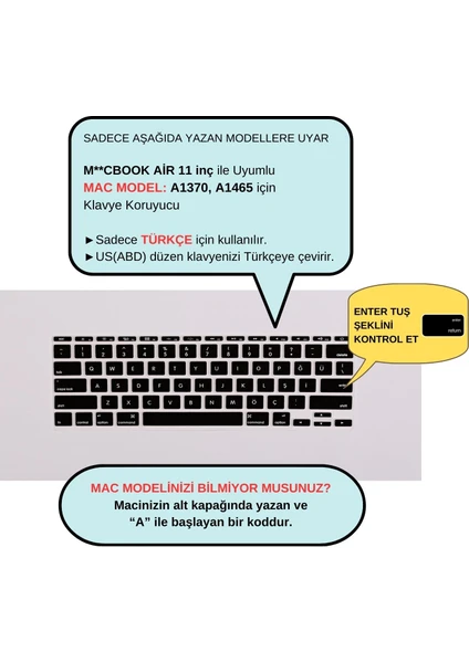 Macbook Air Klavye Koruyucu 11 inç (US to TR) A1370 A1465 Modelleri ile Uyumlu