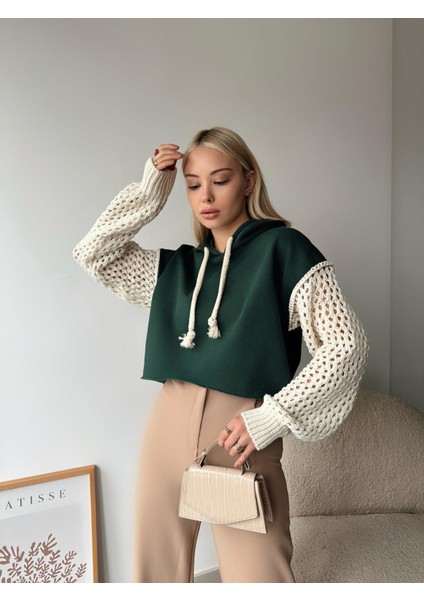 Kadın Kolları Örgü Triko Süper Şık Tasarım Oversize Crop Boy Yeşil Sweatshirt