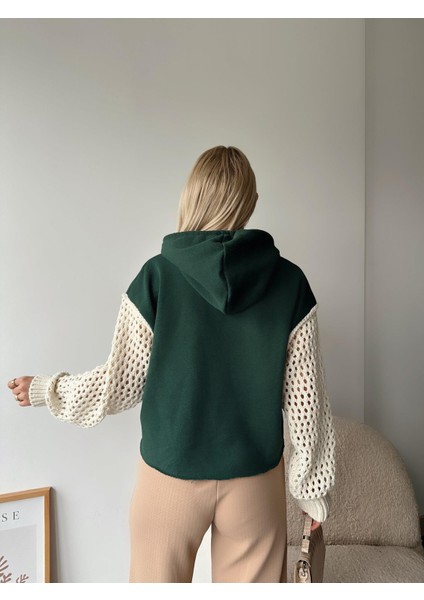 Kadın Kolları Örgü Triko Süper Şık Tasarım Oversize Crop Boy Yeşil Sweatshirt