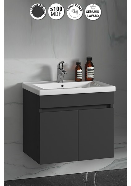 Çiğdem 55 cm Antrasit Gri Mat Mdf Seramik Lavabolu Asma Banyo Alt Dolabı