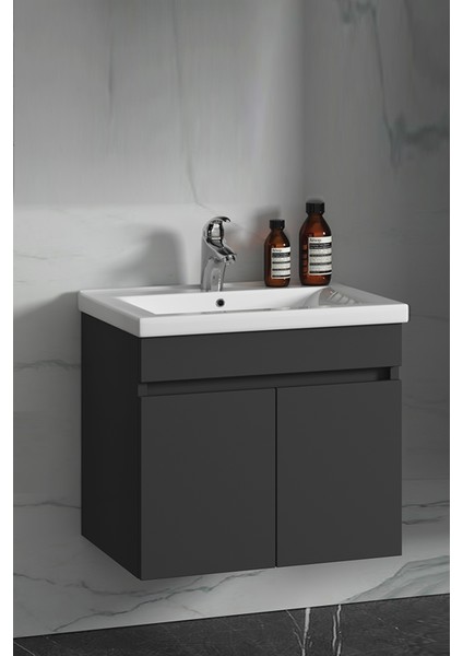 Çiğdem 55 cm Antrasit Gri Mat Mdf Seramik Lavabolu Asma Banyo Alt Dolabı fiyatları