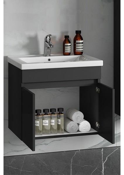 Çiğdem 55 cm Antrasit Gri Mat Mdf Seramik Lavabolu Asma Banyo Alt Dolabı modelleri