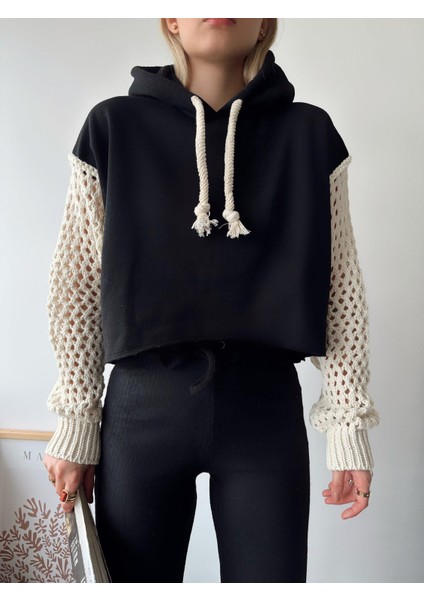 Kadın Kolları Örgü Triko Süper Şık Tasarım Oversize Crop Boy Siyah Sweatshirt