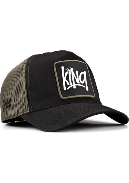 Black Börk  V1 Trucker King - 2sh Kod Logolu Unisex Siyah-Haki Cordura Kumaş Şapka (Cap)