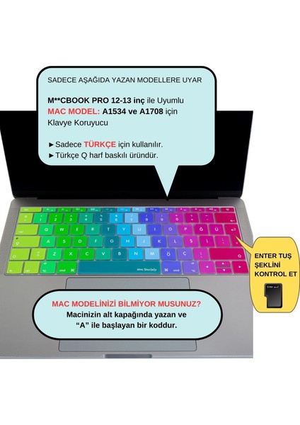 Laptop Macbook Pro Klavye Kılıf Türkçe Q Baskılı A1534 A1708 ile Uyumlu Dazzle