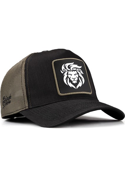 V1 Trucker Aslan - 9sh Kod Logolu Unisex Siyah-Haki Cordura Kumaş Şapka (Cap)