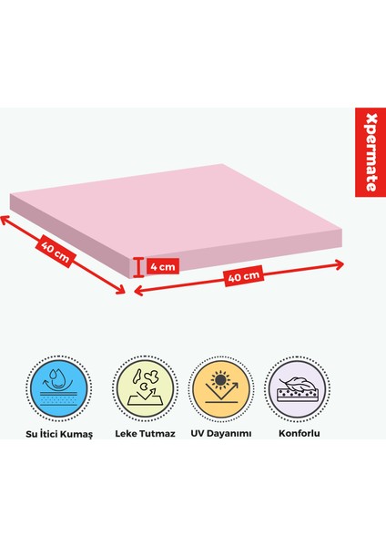 Fermuarlı Sandalye Minderi Su Itici Kumaş 40X40 cm Sünger Sandalye Minderi Bağcıklı Pembe