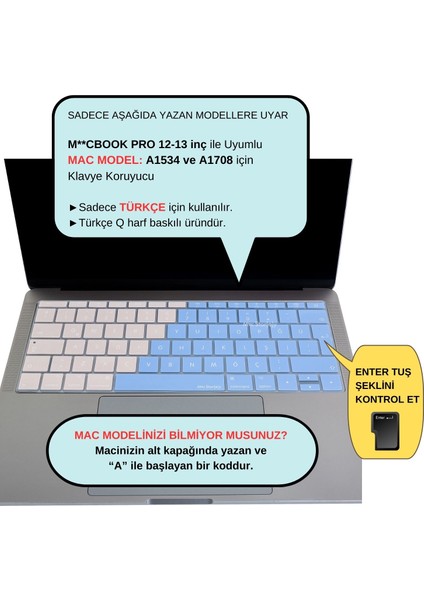 Laptop Macbook Pro Klavye Kılıfı Türkçe Q Baskılı A1534 A1708 ile Uyumlu R.Powder fiyatları