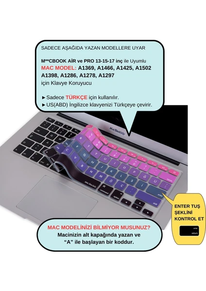 Macbook Air Pro Klavye Koruyucu (US to TR) Ombre (Eski USB’li Model 2008/2017 yılı) ile Uyumlu