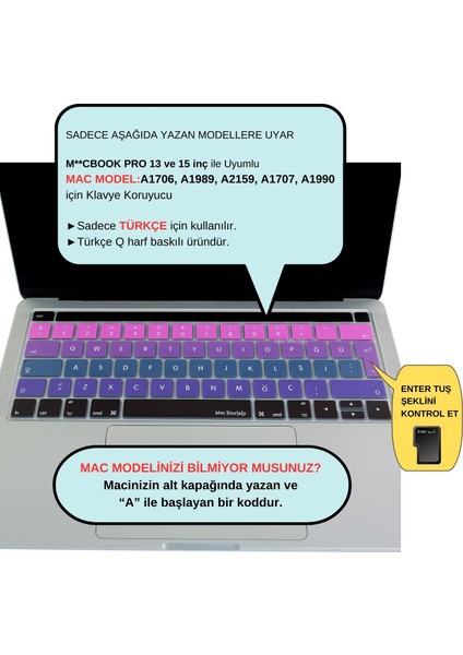 Macbook Pro Klavye Kılıfı Türkçe Q Baskı A1706 A1989 A2159 A1707 A1990 ile Uyumlu Ombre