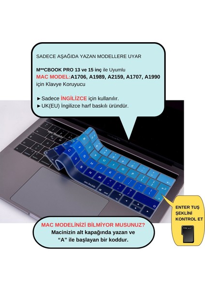 Macbook Pro Klavye Koruyucu UK(EU) İngilizce Baskı A1706 1989 2159 A1707 1990 Uyumlu Ombre