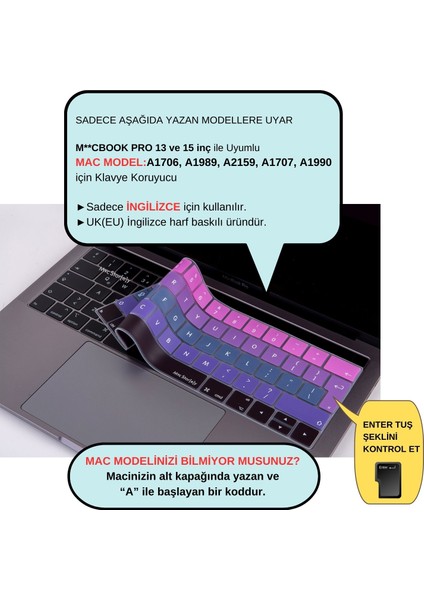 Macbook Pro Klavye Koruyucu UK(EU) İngilizce Baskı A1706 1989 2159 A1707 1990 Uyumlu Ombre