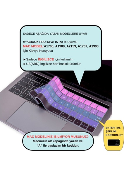Macbook Pro Klavye Koruyucu US(ABD) İngilizce Baskı A1706 1989 2159 A1707 1990 Uyumlu Ombre