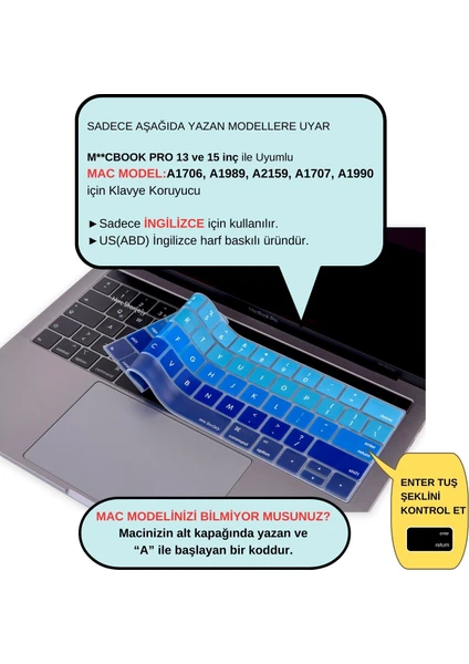 Macbook Pro Klavye Koruyucu US(ABD) İngilizce Baskı A1706 1989 2159 A1707 1990 Uyumlu Ombre