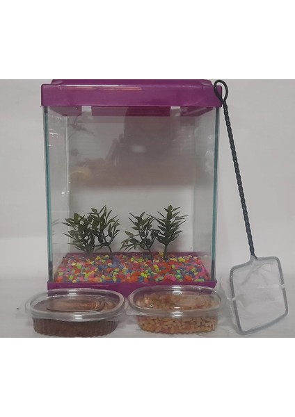 Mini Akvaryum Seti Küçük Akvaryum Beyaz Renk 20*26*15 cm Akvaryum-2 Bitki-2 Yem- Çakıl-Kepçe