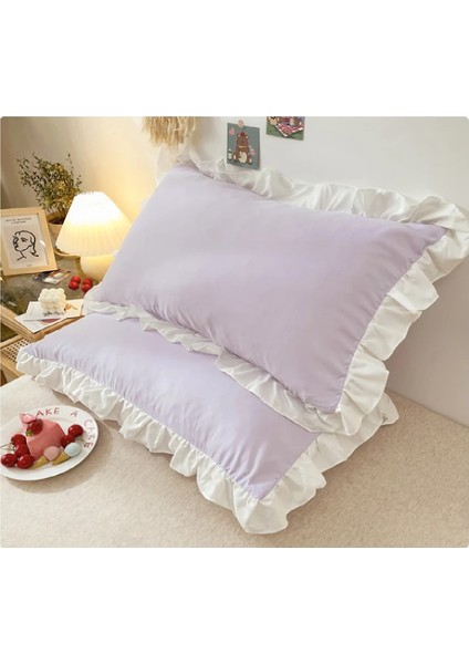 Yüzde Yüz Pamuklu Lila Fırfırlı Iki Adet 50X70 Yastık Kılıfı Seti
