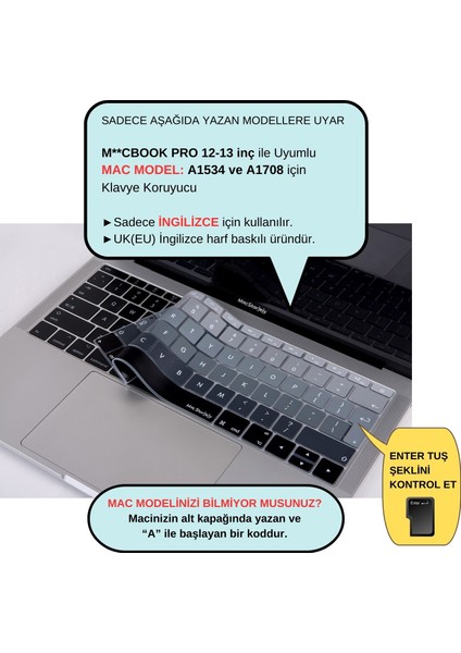 Laptop Macbook Pro Klavye Kılıf UK(EU) İngilizce Baskılı A1534 A1708 ile Uyumlu Ombre