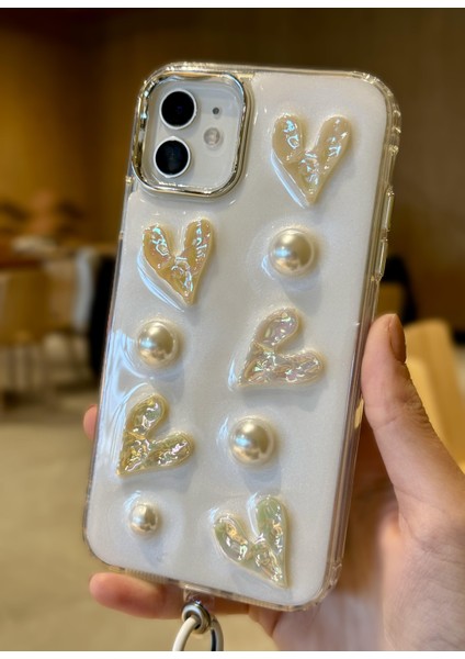 Paladyum Case Apple iPhone 11 Uyumlu Lux Işıltılı Inci Charmlı Kalpli Kılıf